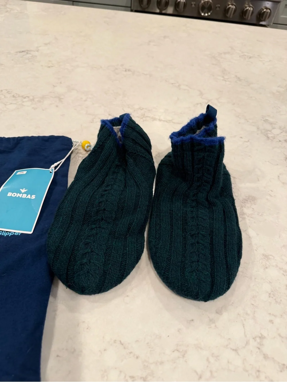 Bombas Forest Green Knit Slipper Socks with Blue Trim size L